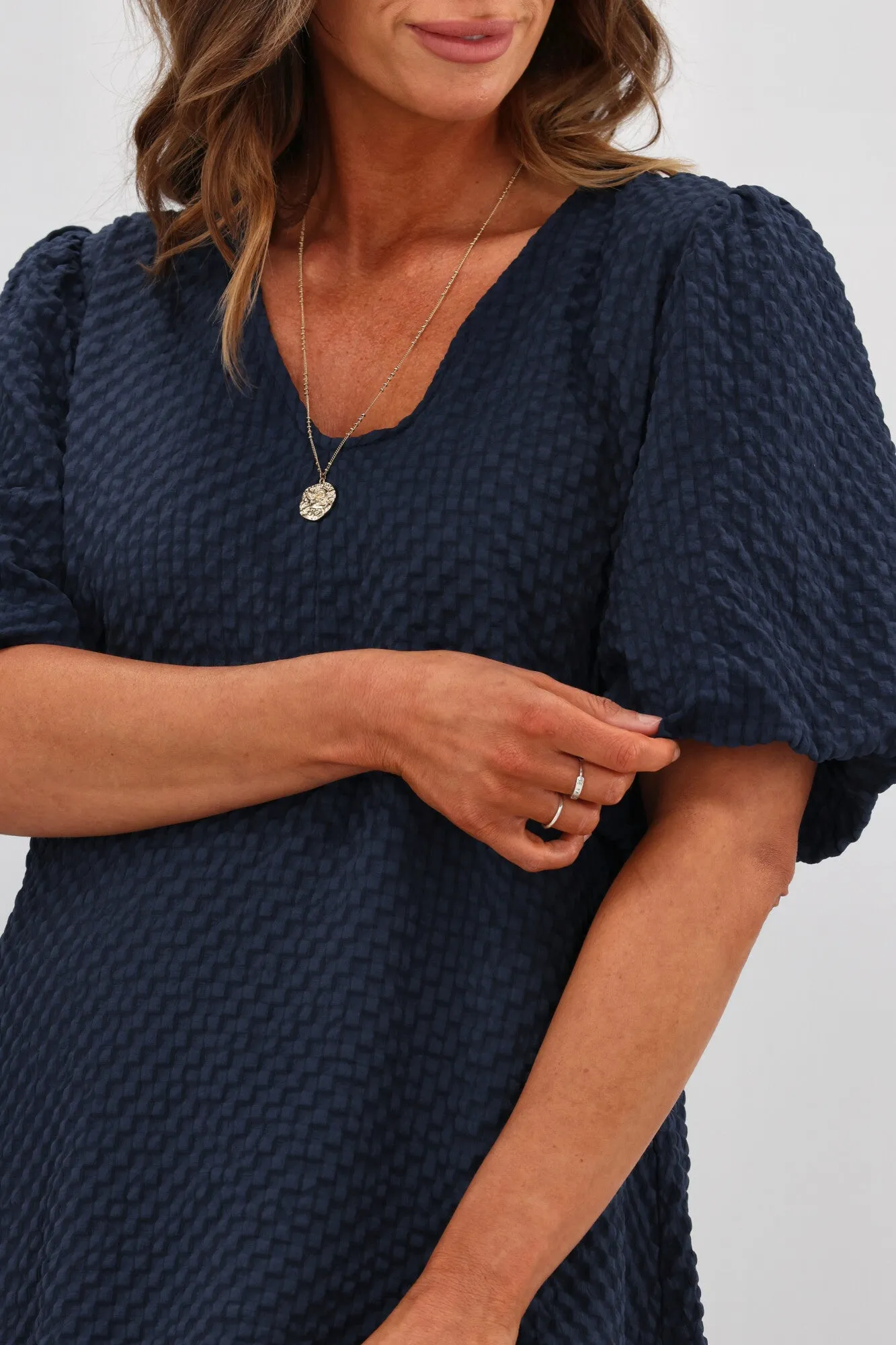 Shine On Label Adelaide Puff Sleeve Textured Midi Dress Ink sold by Shine On product image thumbnail 2