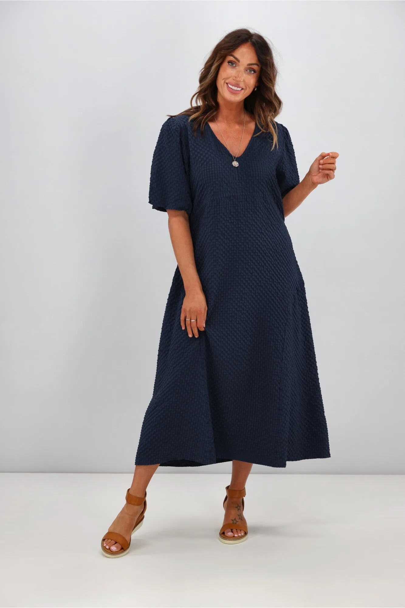 Shine On Label Adelaide Puff Sleeve Textured Midi Dress Ink sold by Shine On product image thumbnail 3
