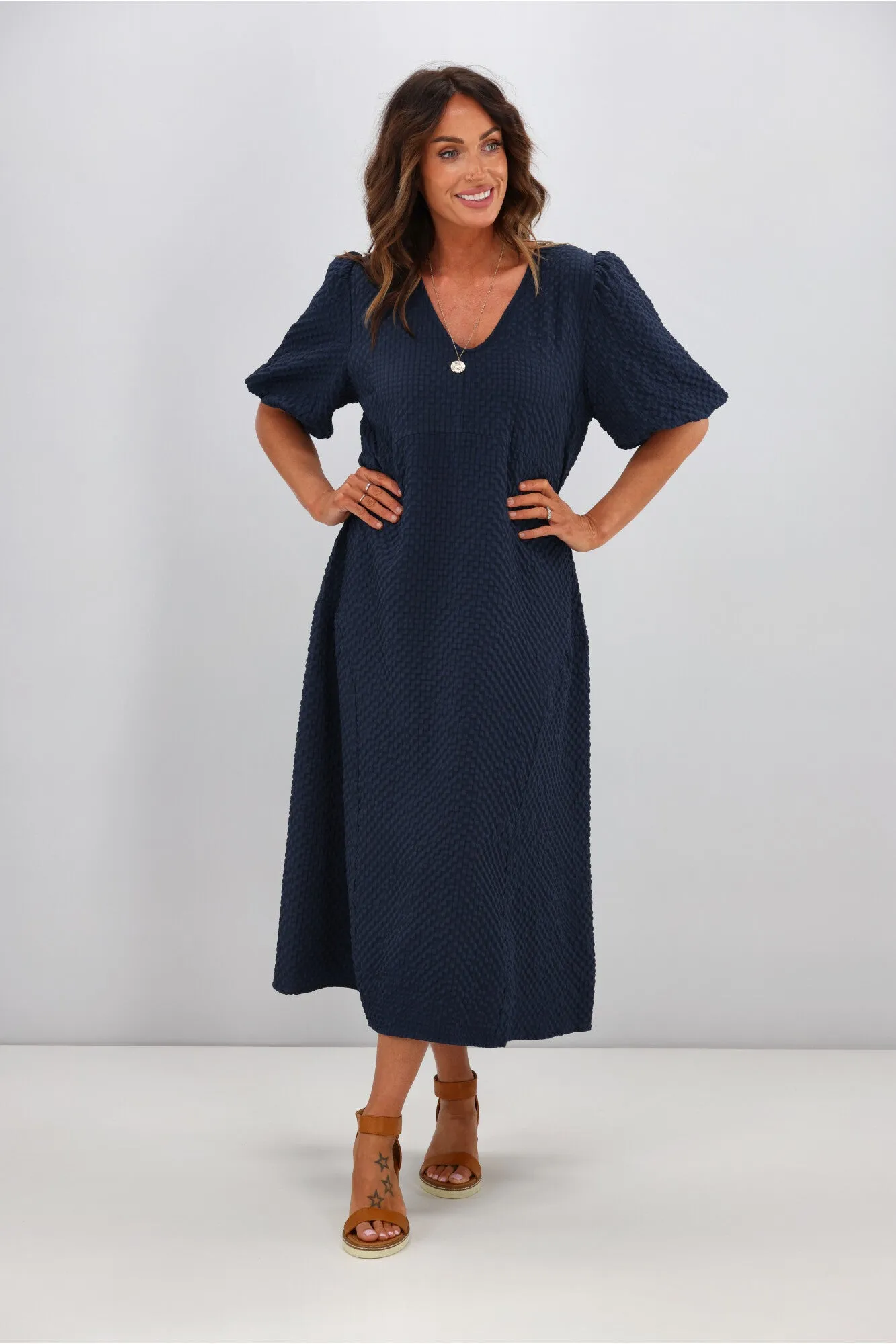 Shine On Label Adelaide Puff Sleeve Textured Midi Dress Ink sold by Shine On