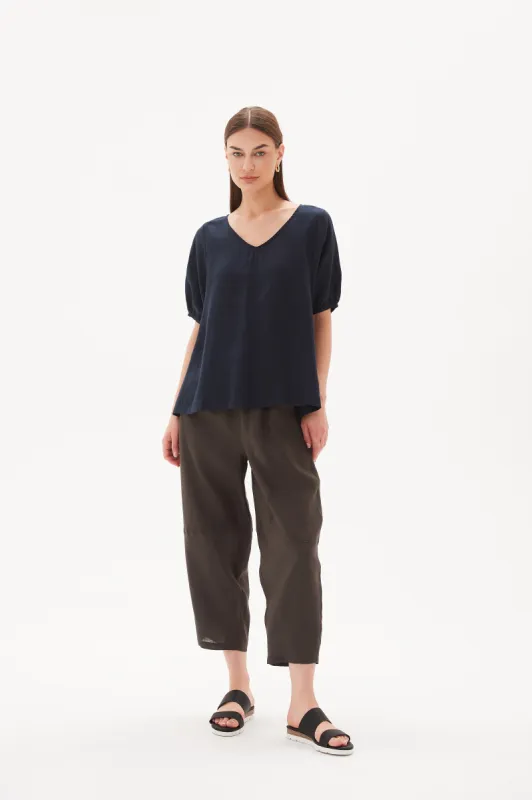 Tirelli V Neck Bishop Sleeve Top Deep Navy sold by Shine On