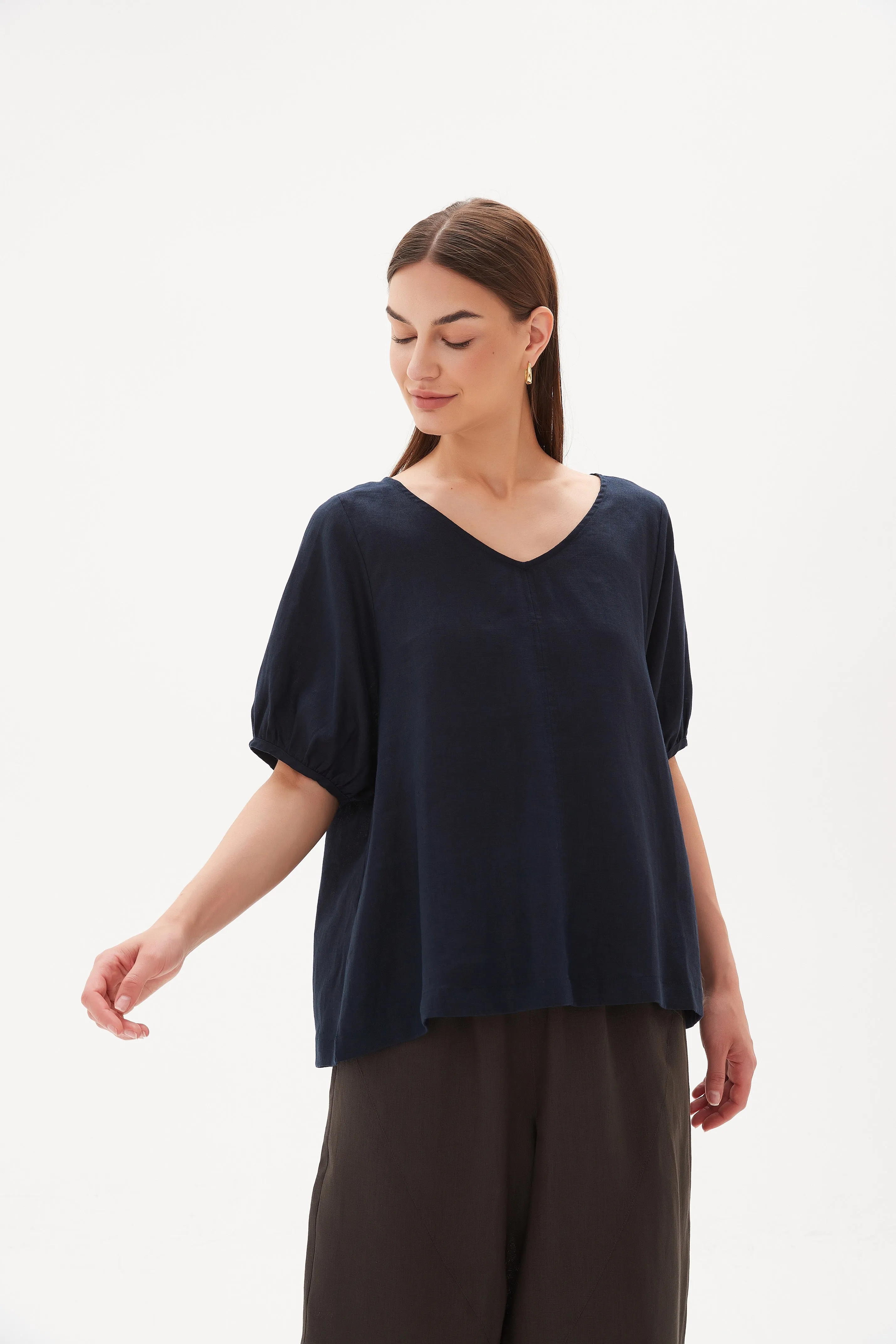 Tirelli V Neck Bishop Sleeve Top Deep Navy sold by Shine On product image thumbnail 3