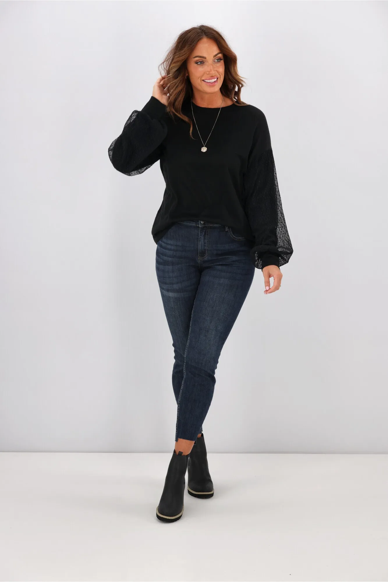 Alpine by Shine On Harriet Sleeve Overlay Merino Top Black sold by Shine On