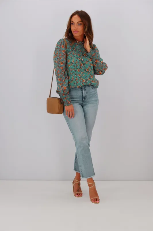 Gloss by Shine On Janelle Shirred Neck Top Teal Floral sold by Shine On