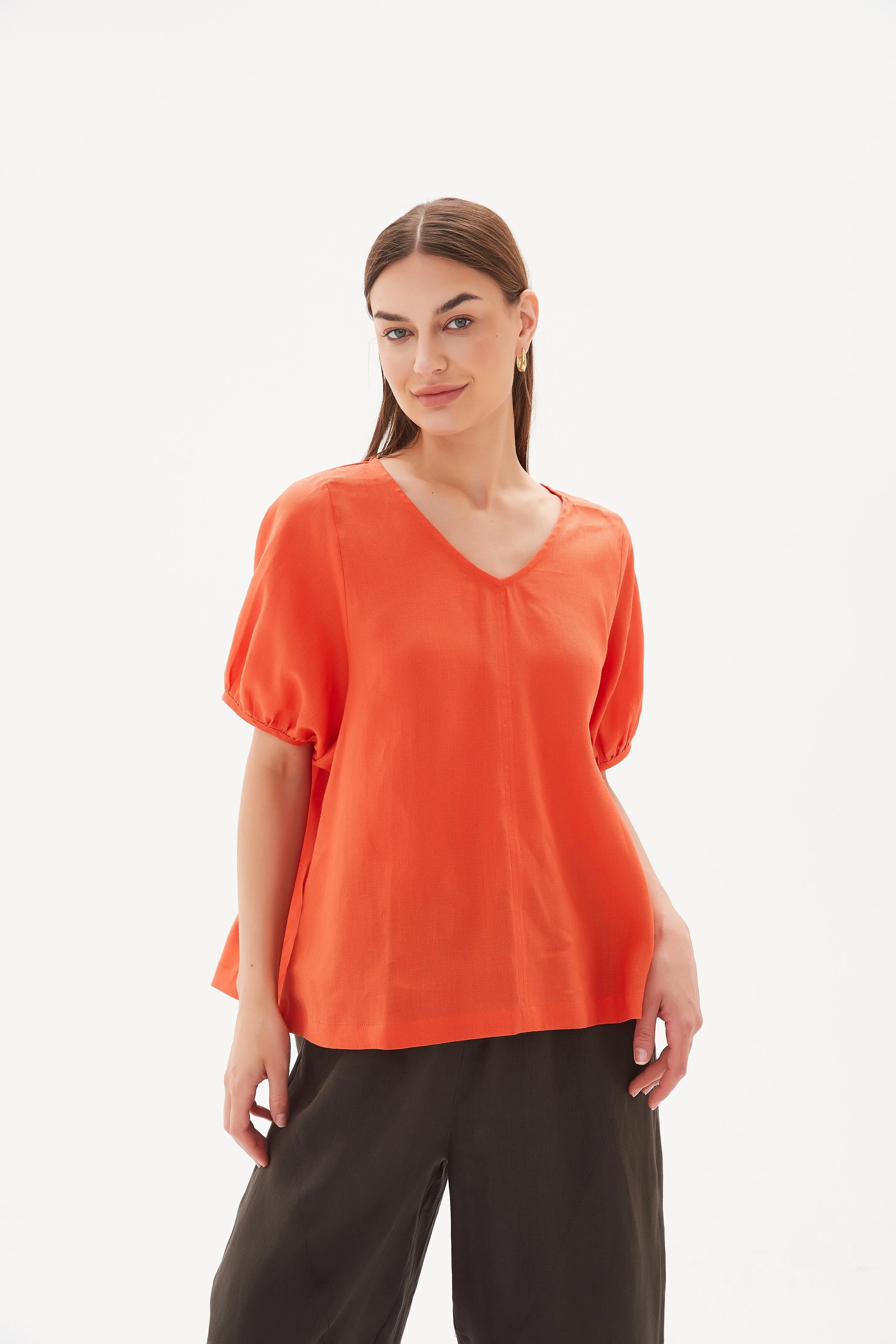 Tirelli V Neck Bishop Sleeve Top Aperol Orange sold by Shine On product image thumbnail 2