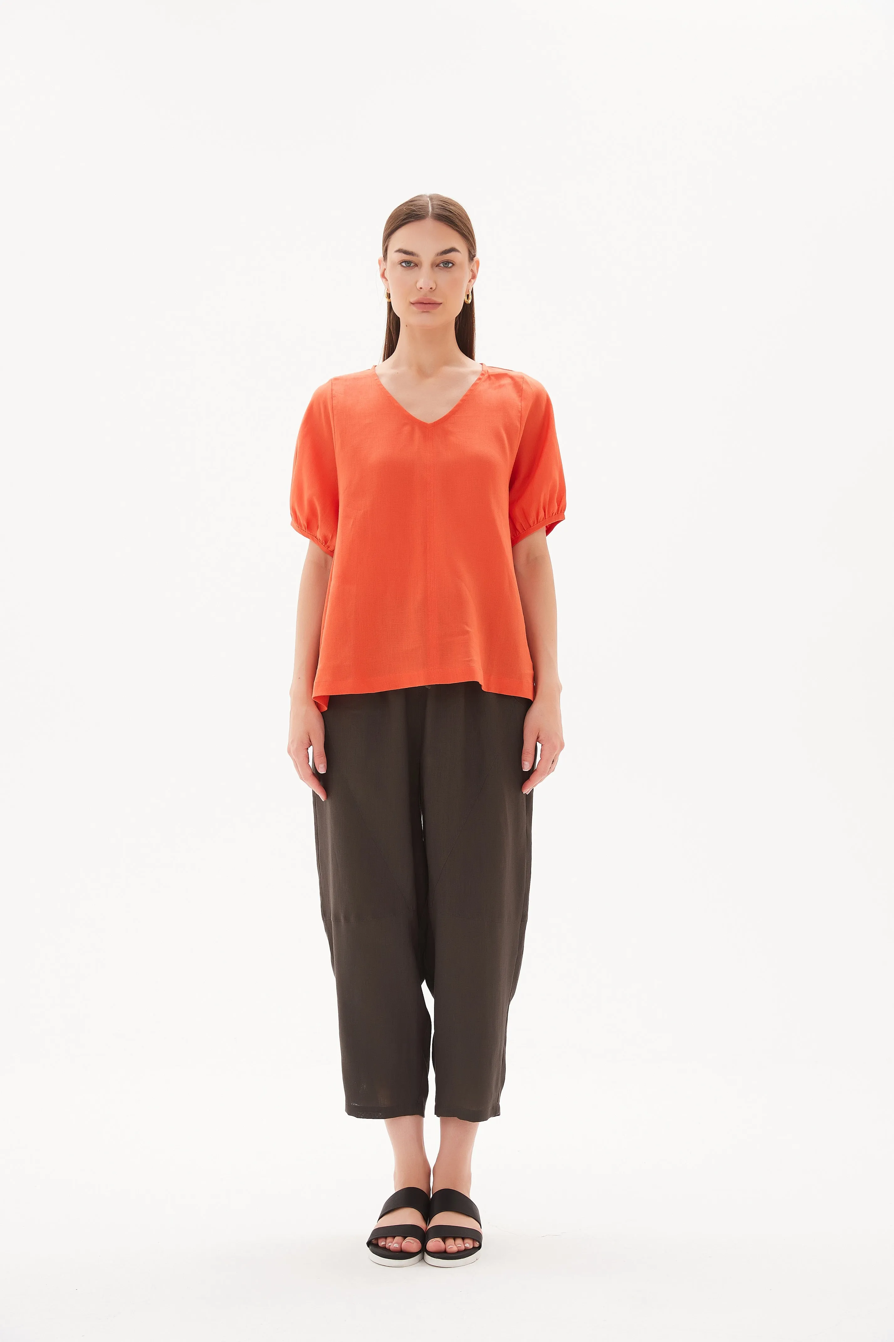 Tirelli V Neck Bishop Sleeve Top Aperol Orange sold by Shine On