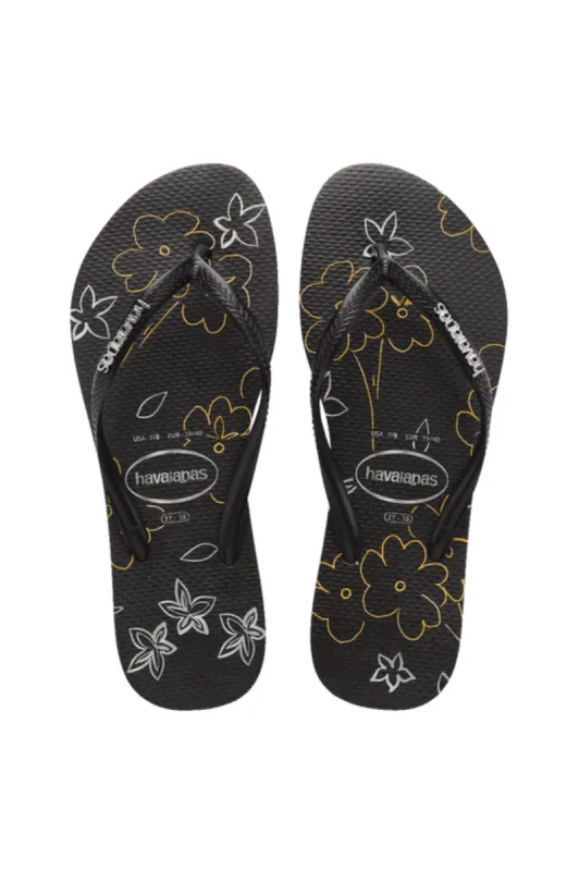 Havaianas Slim Logo Metallic Print Flower Black sold by Shine On