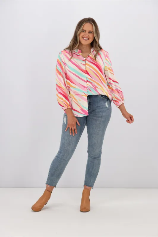 Fria Sophie Linear Color Ball Button Blouse Pink sold by Shine On