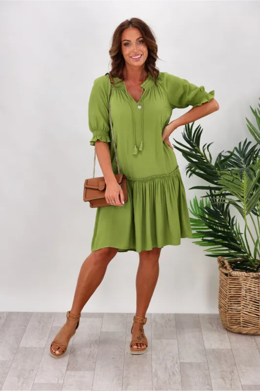 Gloss by Shine On Elena Shirred Short Sleeve Dress Lime sold by Shine On