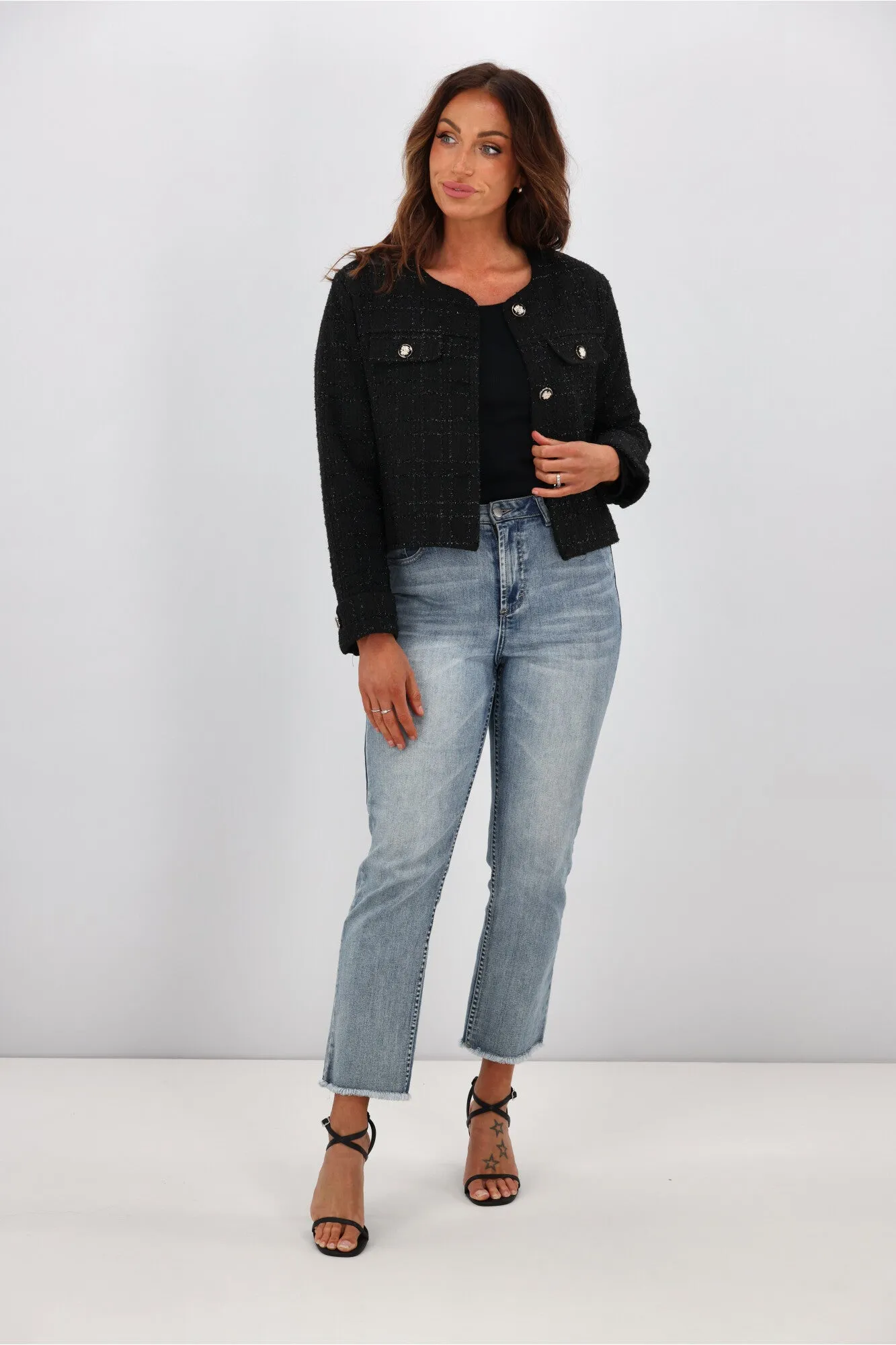Fria Vivienne Collarless Jacket Black sold by Shine On