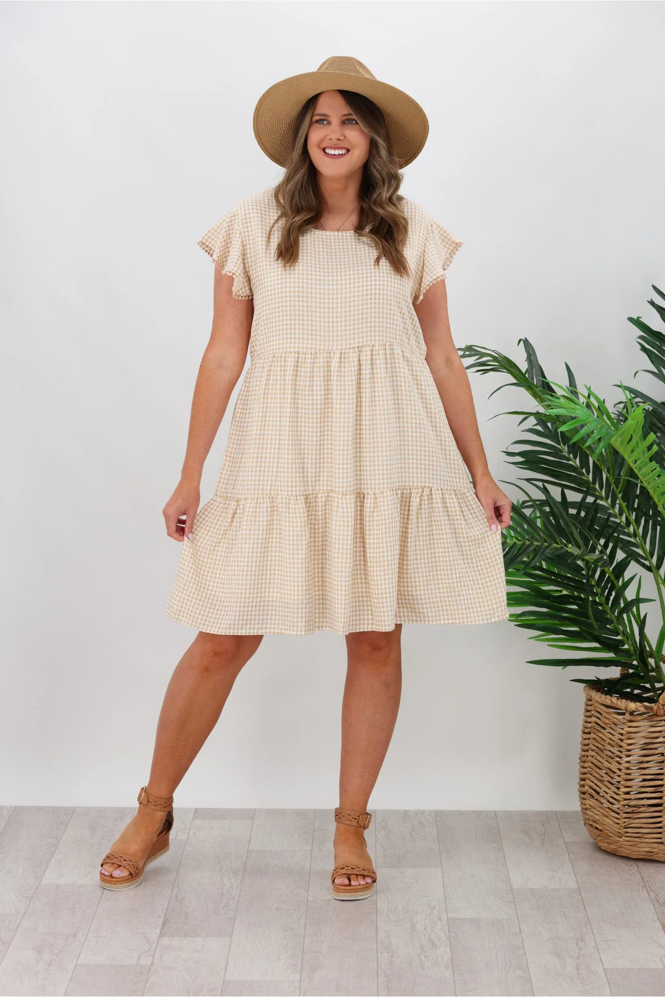 Miracle Lace Trim Gingham Ruffle Dress Latte sold by Shine On product image thumbnail 5