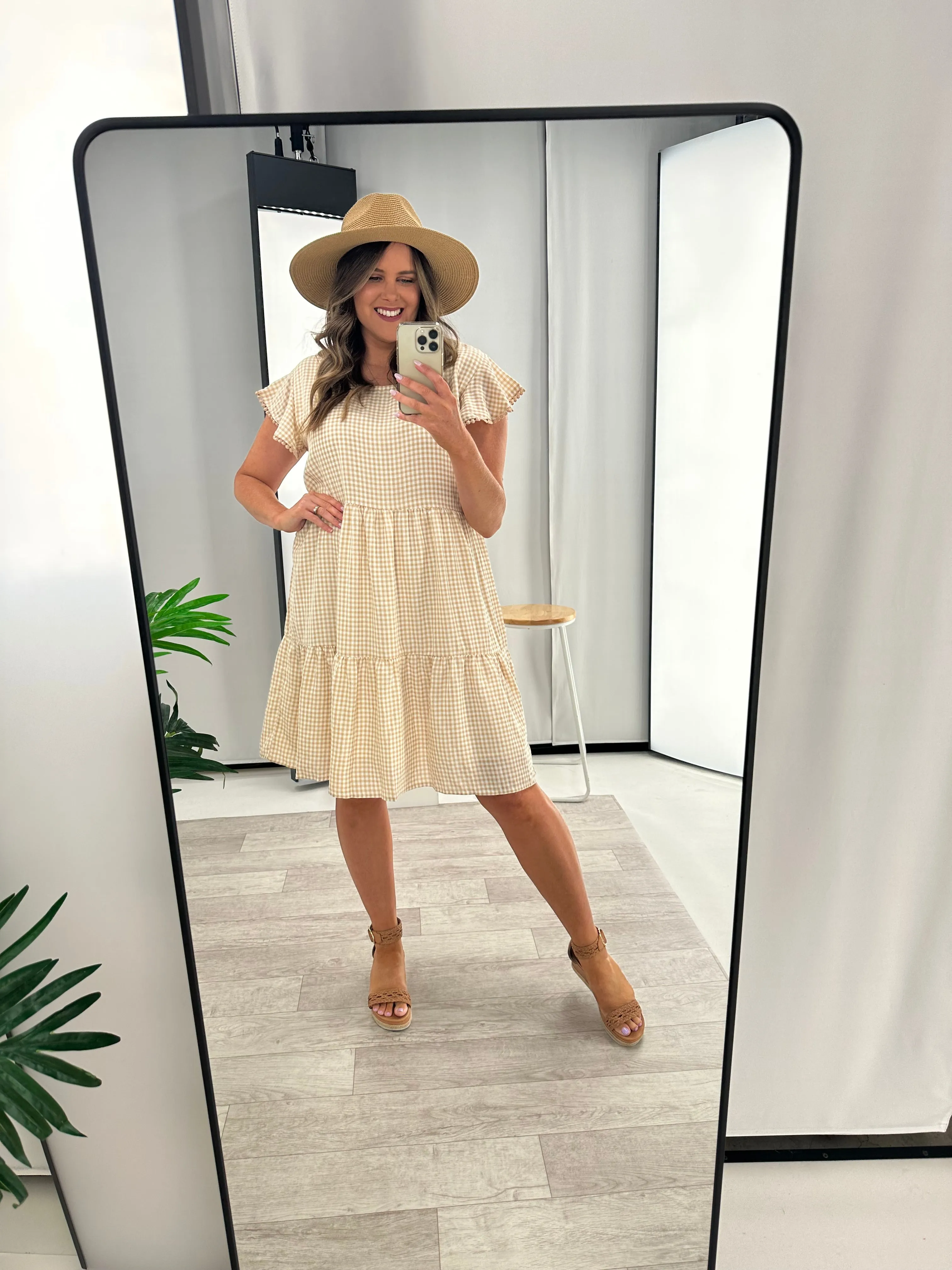 Miracle Lace Trim Gingham Ruffle Dress Latte sold by Shine On product image thumbnail 4