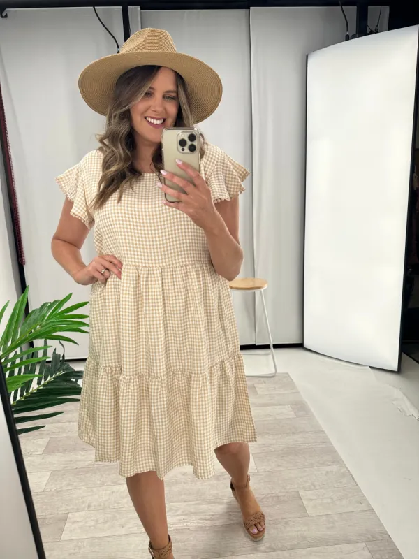 Miracle Lace Trim Gingham Ruffle Dress Latte sold by Shine On