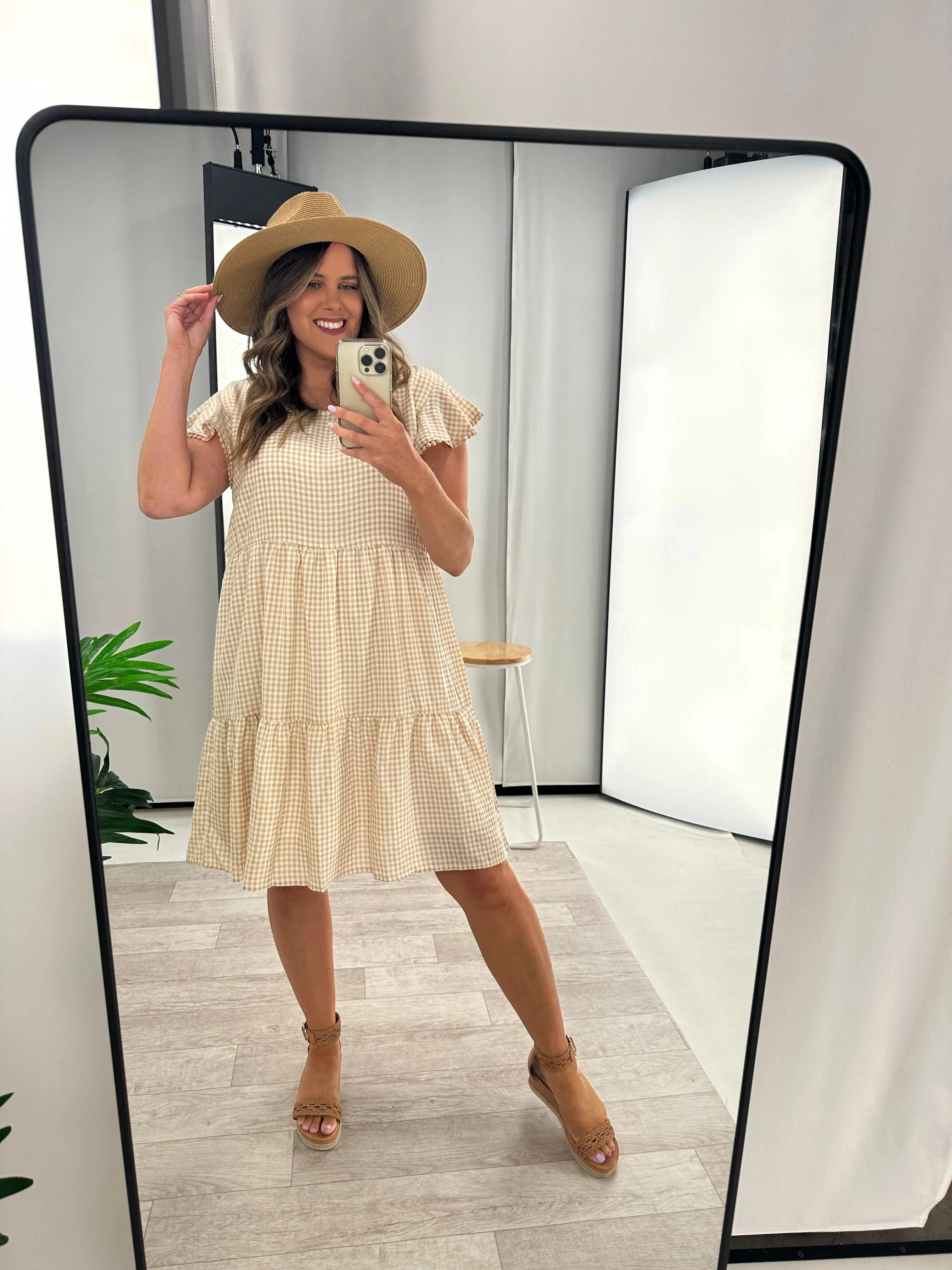 Miracle Lace Trim Gingham Ruffle Dress Latte sold by Shine On product image thumbnail 3