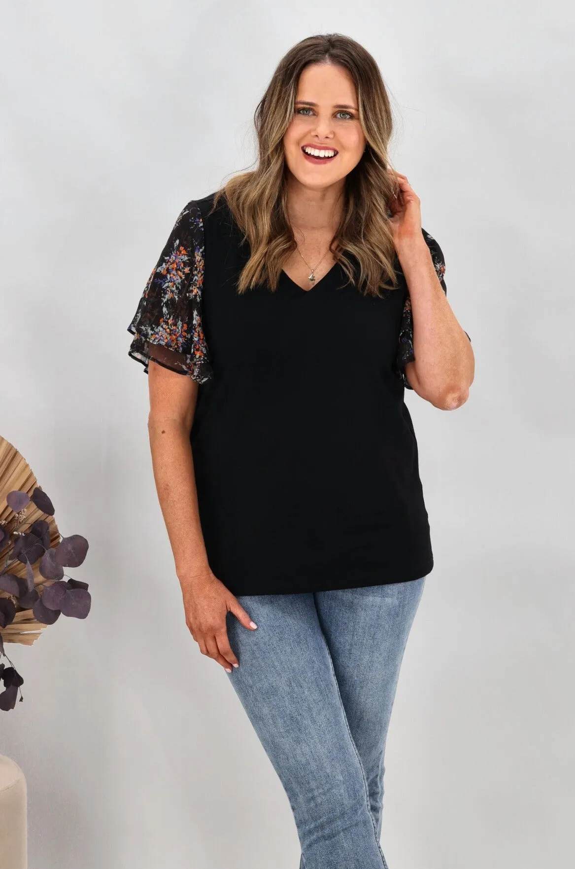 Gloss by Shine On Annabelle Flutter Sleeve Top Black Ditzy sold by Shine On product image thumbnail 3