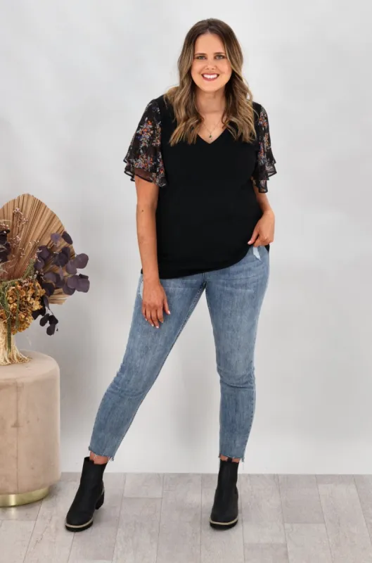 Gloss by Shine On Annabelle Flutter Sleeve Top Black Ditzy sold by Shine On
