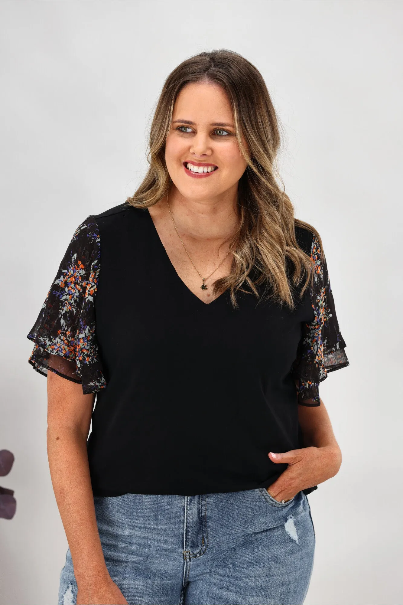 Gloss by Shine On Annabelle Flutter Sleeve Top Black Ditzy sold by Shine On product image thumbnail 4