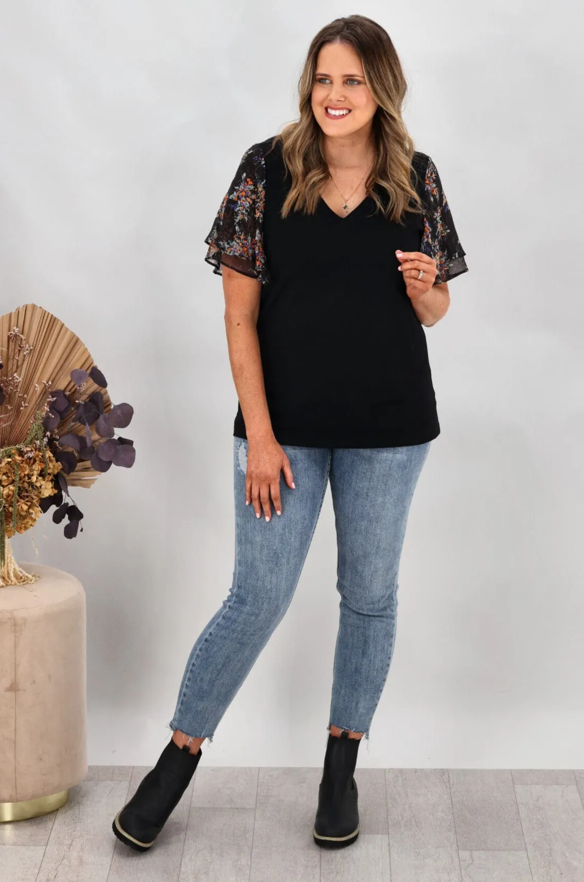 Gloss by Shine On Annabelle Flutter Sleeve Top Black Ditzy sold by Shine On product image thumbnail 5