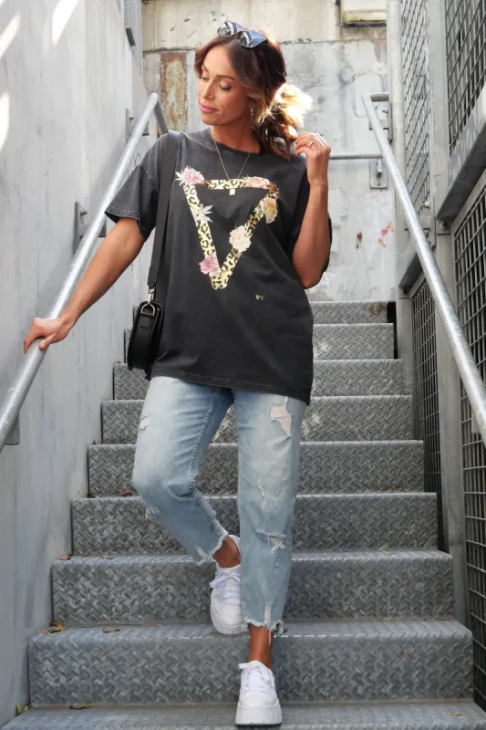 Rebel Club by Shine On Leo Peony Triangle Boyfriend Tee Acid Black sold by Shine On