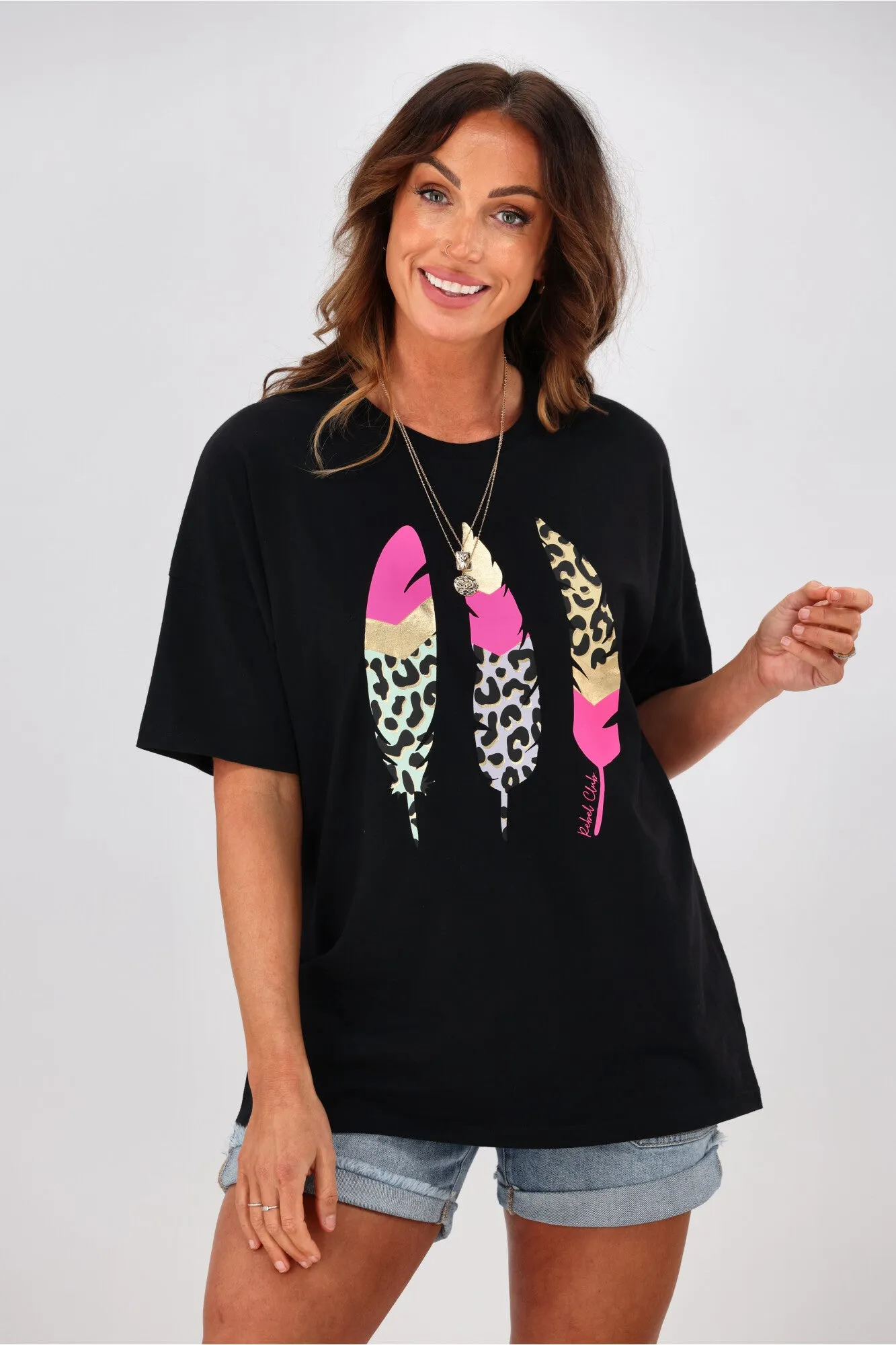 Rebel Club by Shine On Leo Feathers Boyfriend Tee Black sold by Shine On product image thumbnail 3