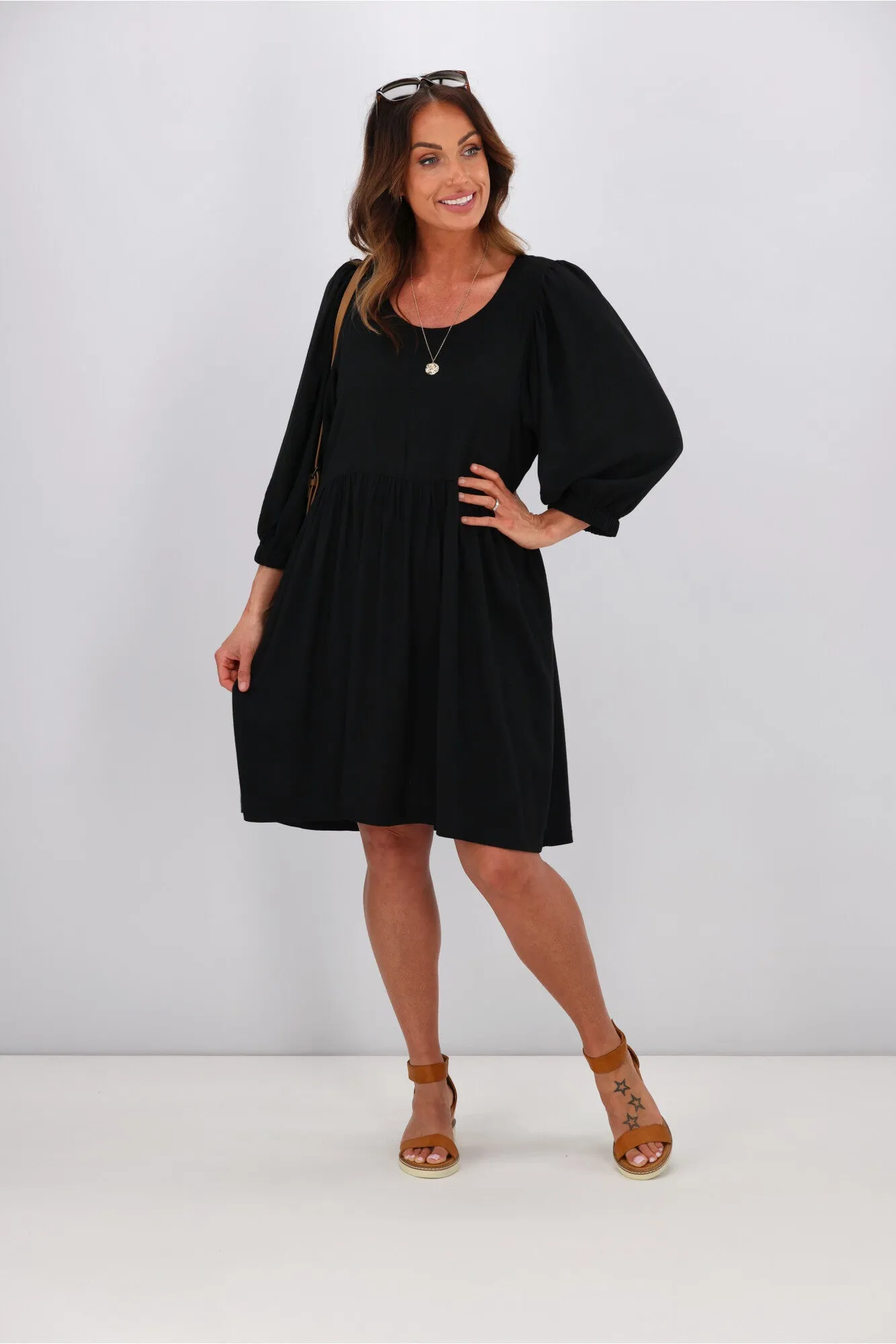 Shine On Label Blanchet Gathered Sleeve Dress Black sold by Shine On
