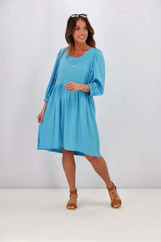 Shine On Label Blanchet Gathered Sleeve Dress Sky Blue sold by Shine On