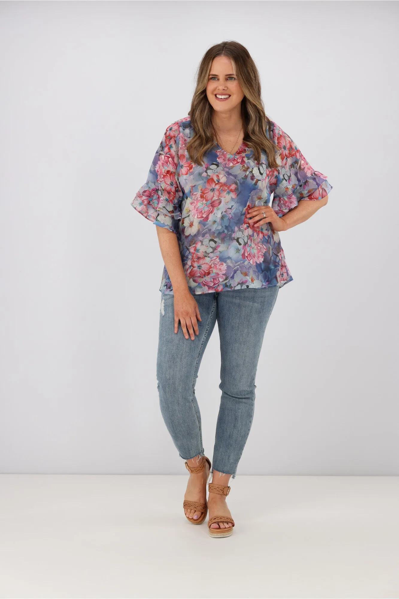 Gloss by Shine On Harper Frill Sleeve Top Blue Watercolour Floral sold by Shine On product image thumbnail 3