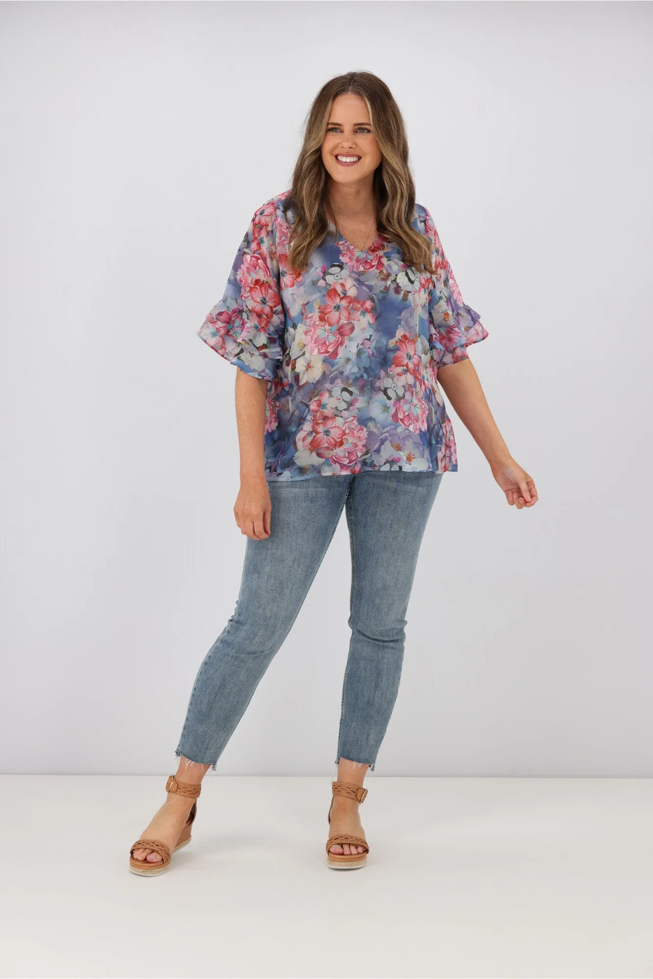 Gloss by Shine On Harper Frill Sleeve Top Blue Watercolour Floral sold by Shine On product image thumbnail 2