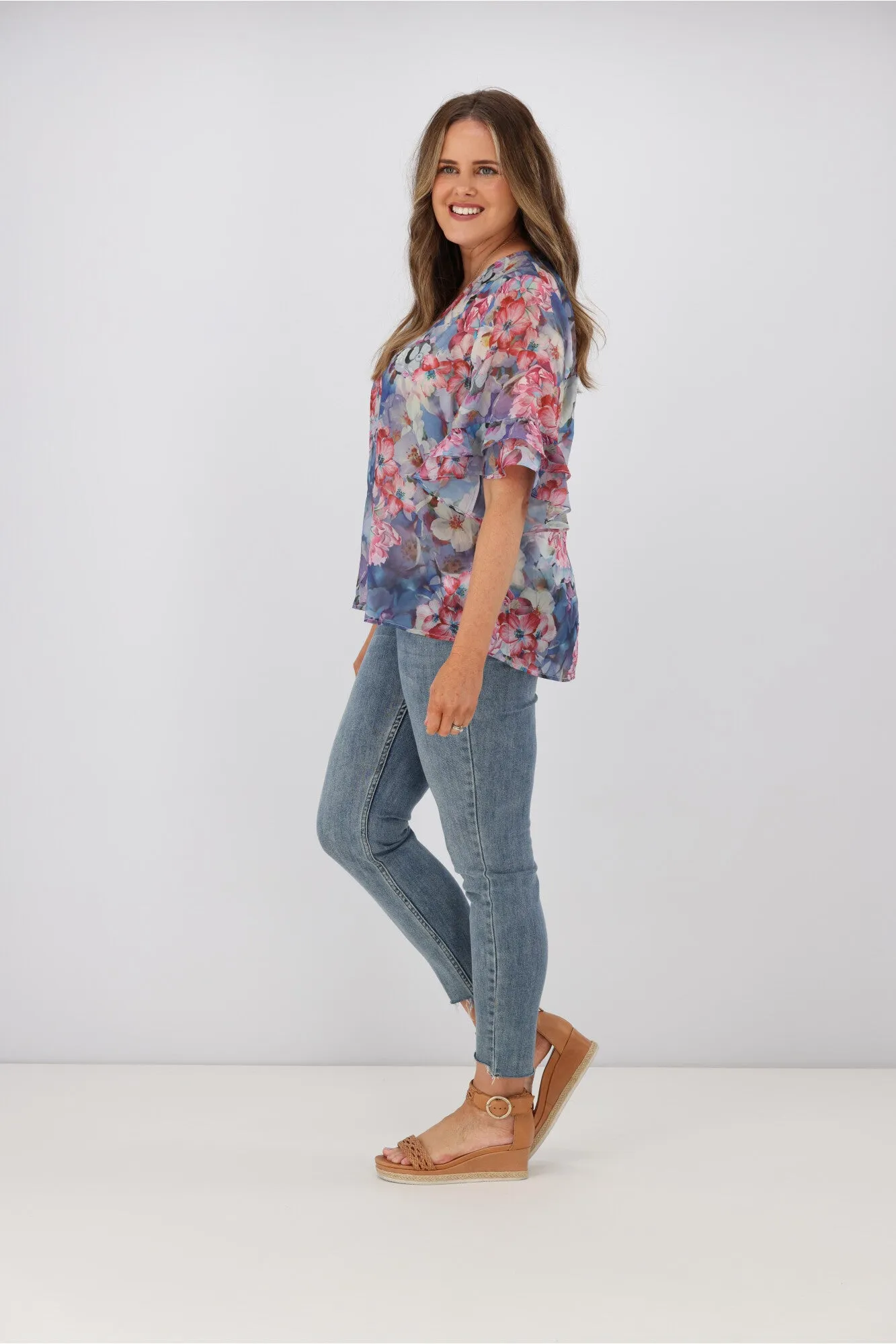 Gloss by Shine On Harper Frill Sleeve Top Blue Watercolour Floral sold by Shine On product image thumbnail 5