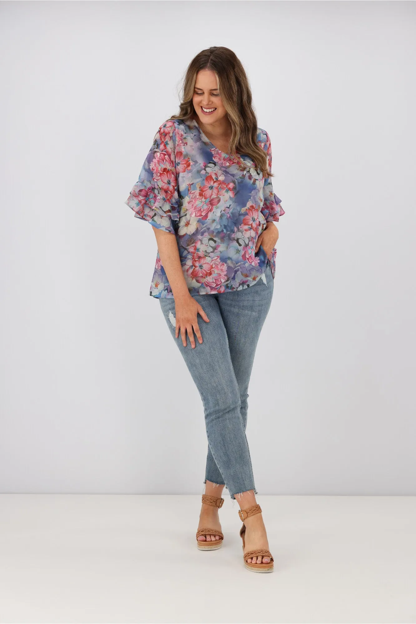 Gloss by Shine On Harper Frill Sleeve Top Blue Watercolour Floral sold by Shine On product image thumbnail 4