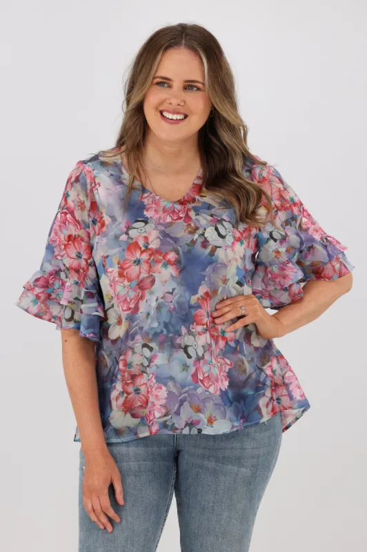 Gloss by Shine On Harper Frill Sleeve Top Blue Watercolour Floral sold by Shine On