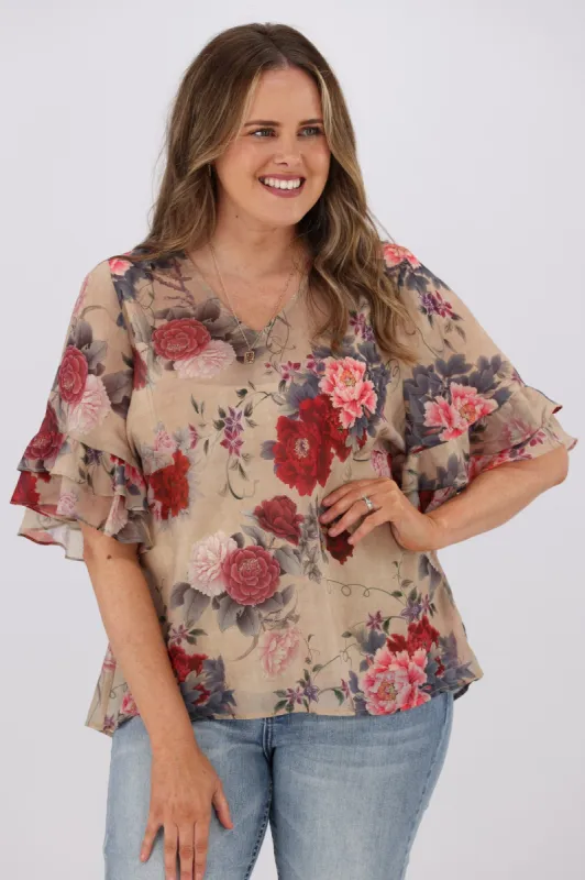 Gloss by Shine On Harper Frill Sleeve Top Oriental Print sold by Shine On