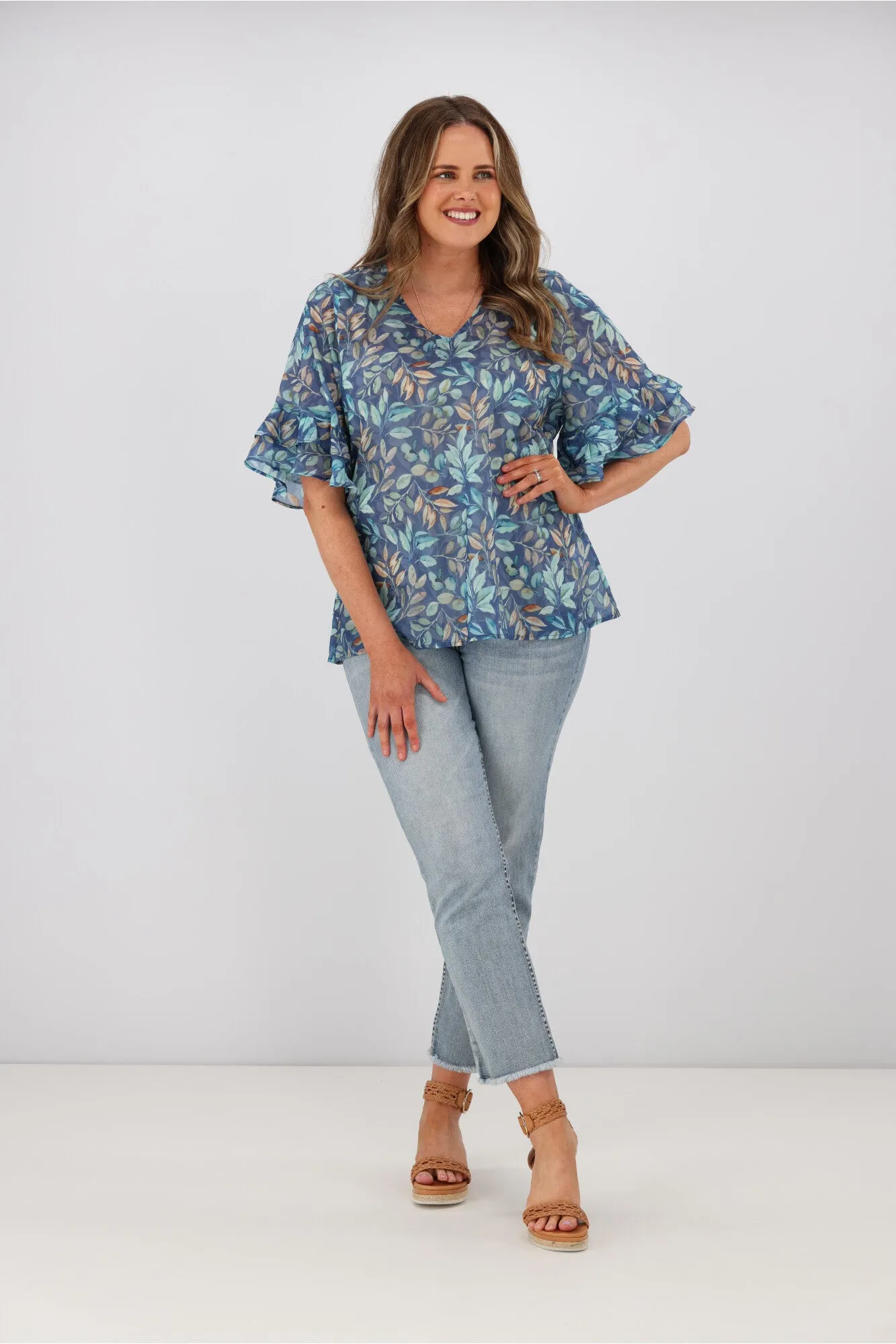 Gloss by Shine On Harper Frill Sleeve Top Blue Leaf Print sold by Shine On product image thumbnail 2