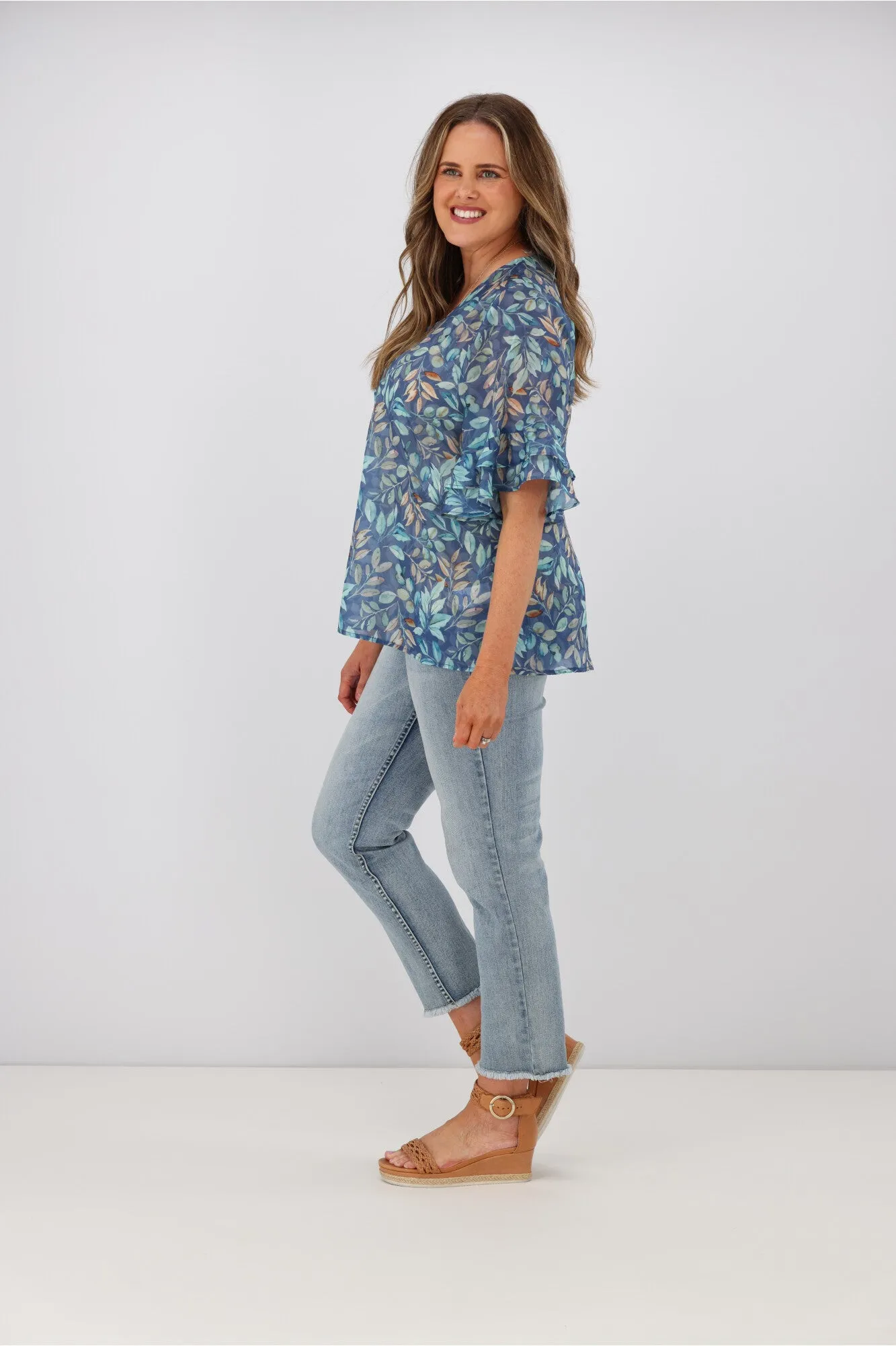 Gloss by Shine On Harper Frill Sleeve Top Blue Leaf Print sold by Shine On product image thumbnail 5