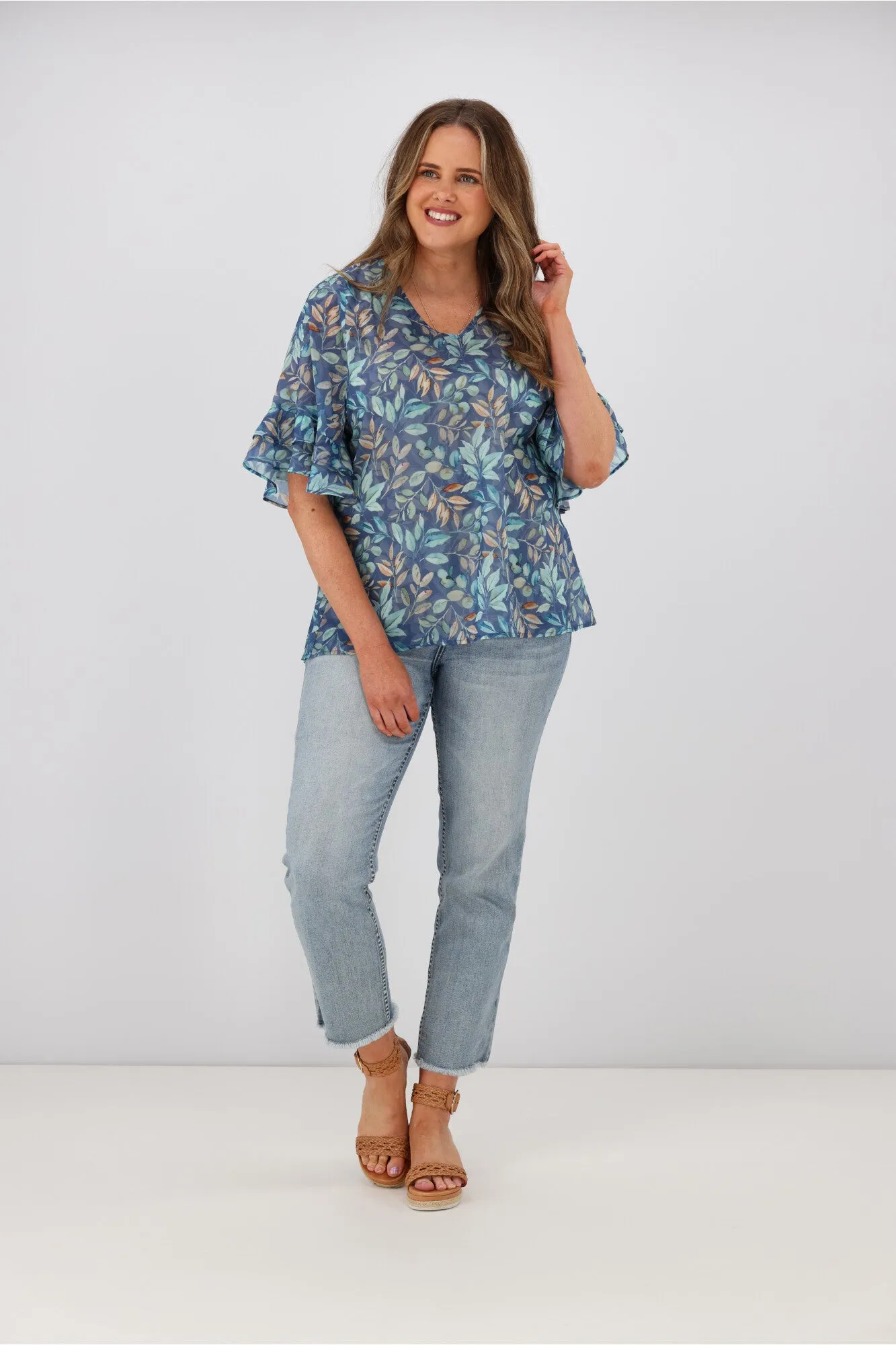 Gloss by Shine On Harper Frill Sleeve Top Blue Leaf Print sold by Shine On product image thumbnail 3