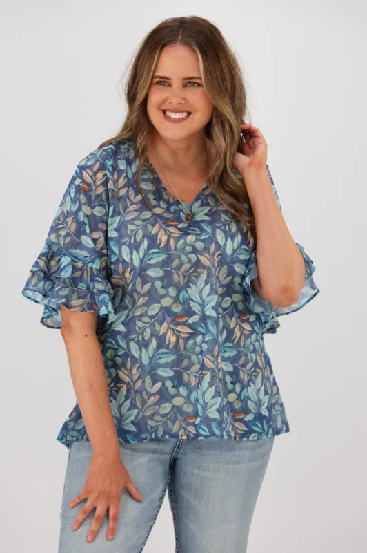 Gloss by Shine On Harper Frill Sleeve Top Blue Leaf Print sold by Shine On