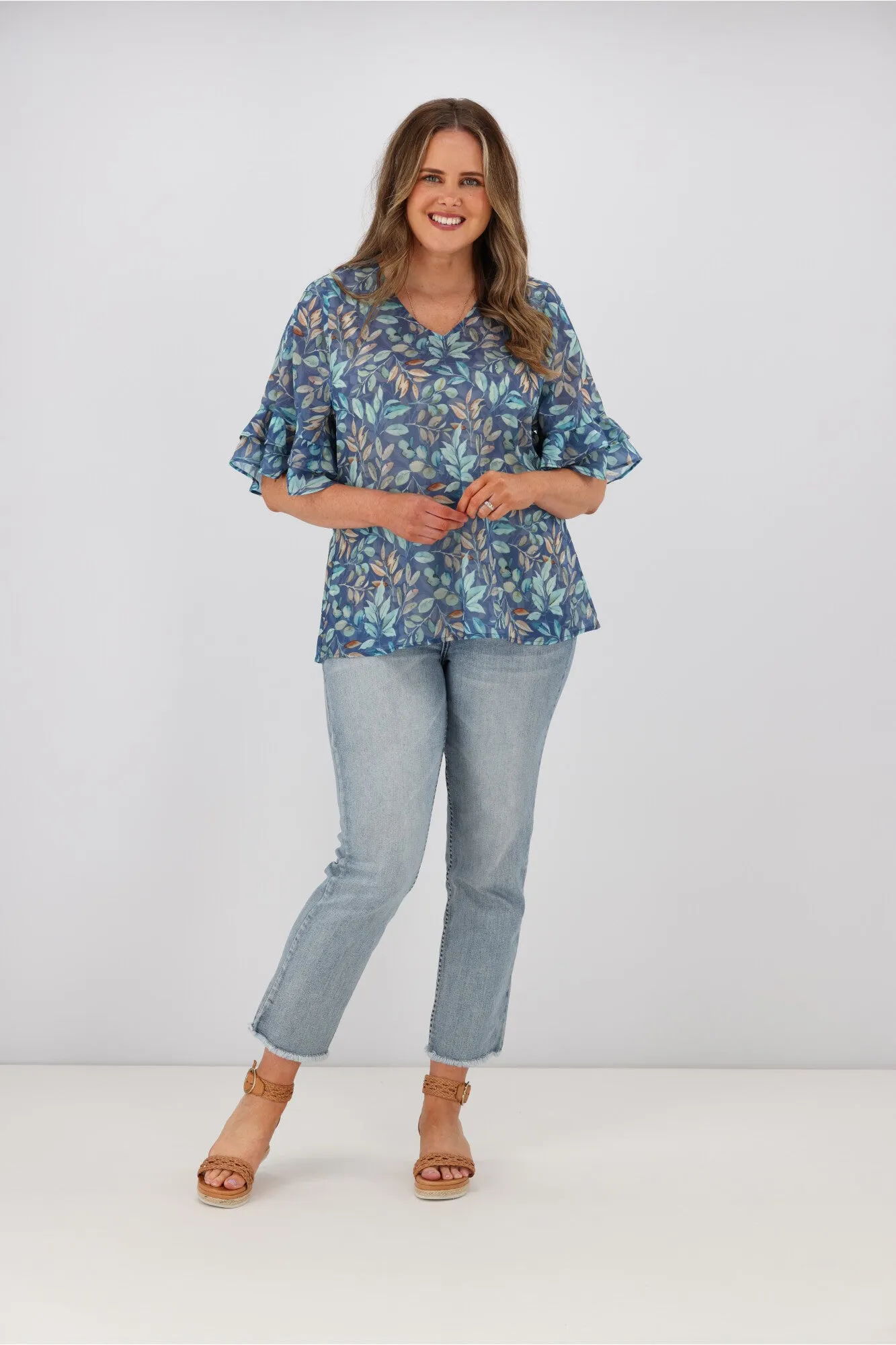 Gloss by Shine On Harper Frill Sleeve Top Blue Leaf Print sold by Shine On product image thumbnail 4