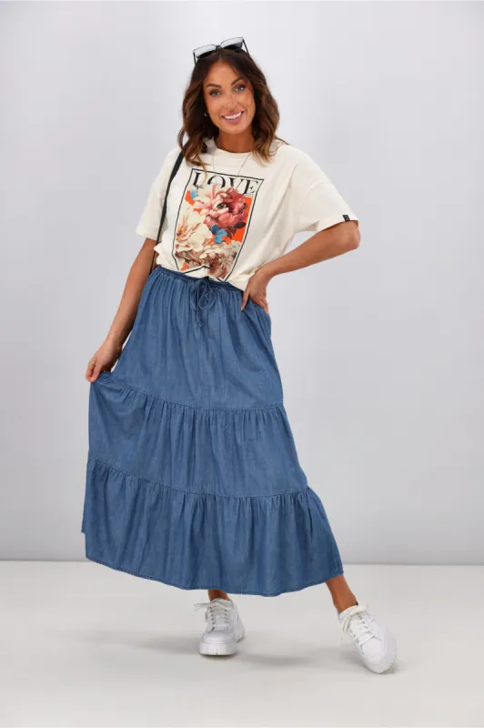 Shine On Label Polly Chambray Tiered Midi Skirt Blue sold by Shine On