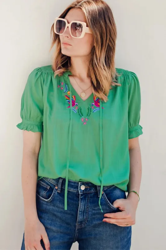 Sugarhill Angelique Shirred Top Rainbow Parrots Embroidery Green sold by Shine On