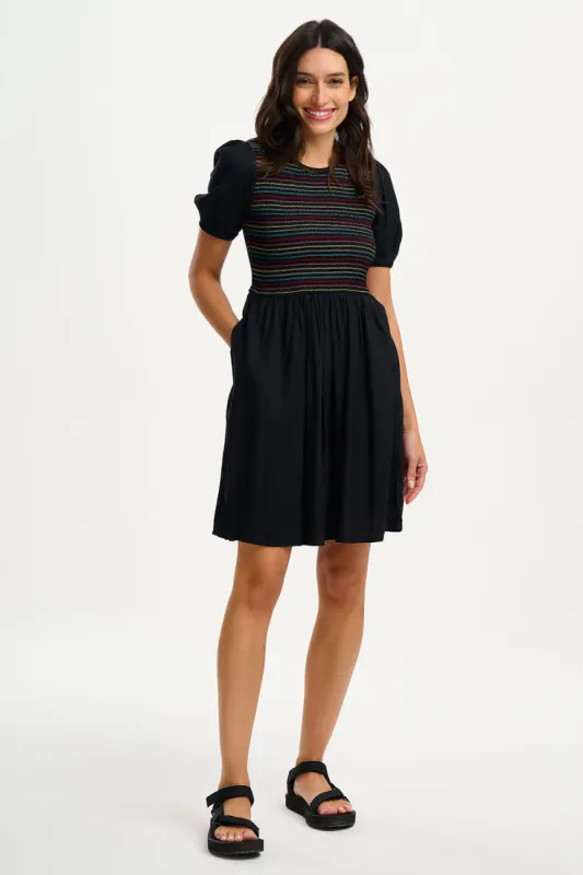 Sugarhill Antoinette Shirred Dress Rainbow Shirring Black sold by Shine On