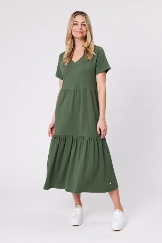 Shine On Essentials Tiered Midi Dress Khaki sold by Shine On