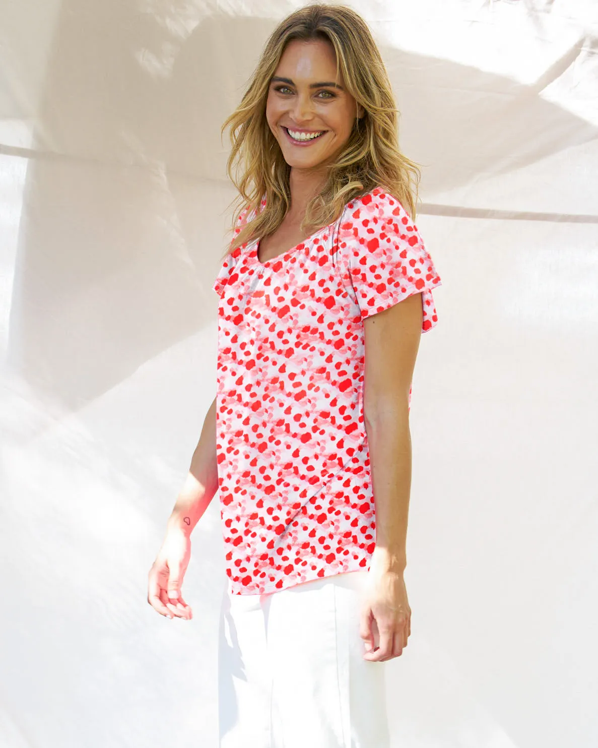 Betty Basics Coral Shirred Tee Blossom Print sold by Shine On product image thumbnail 3