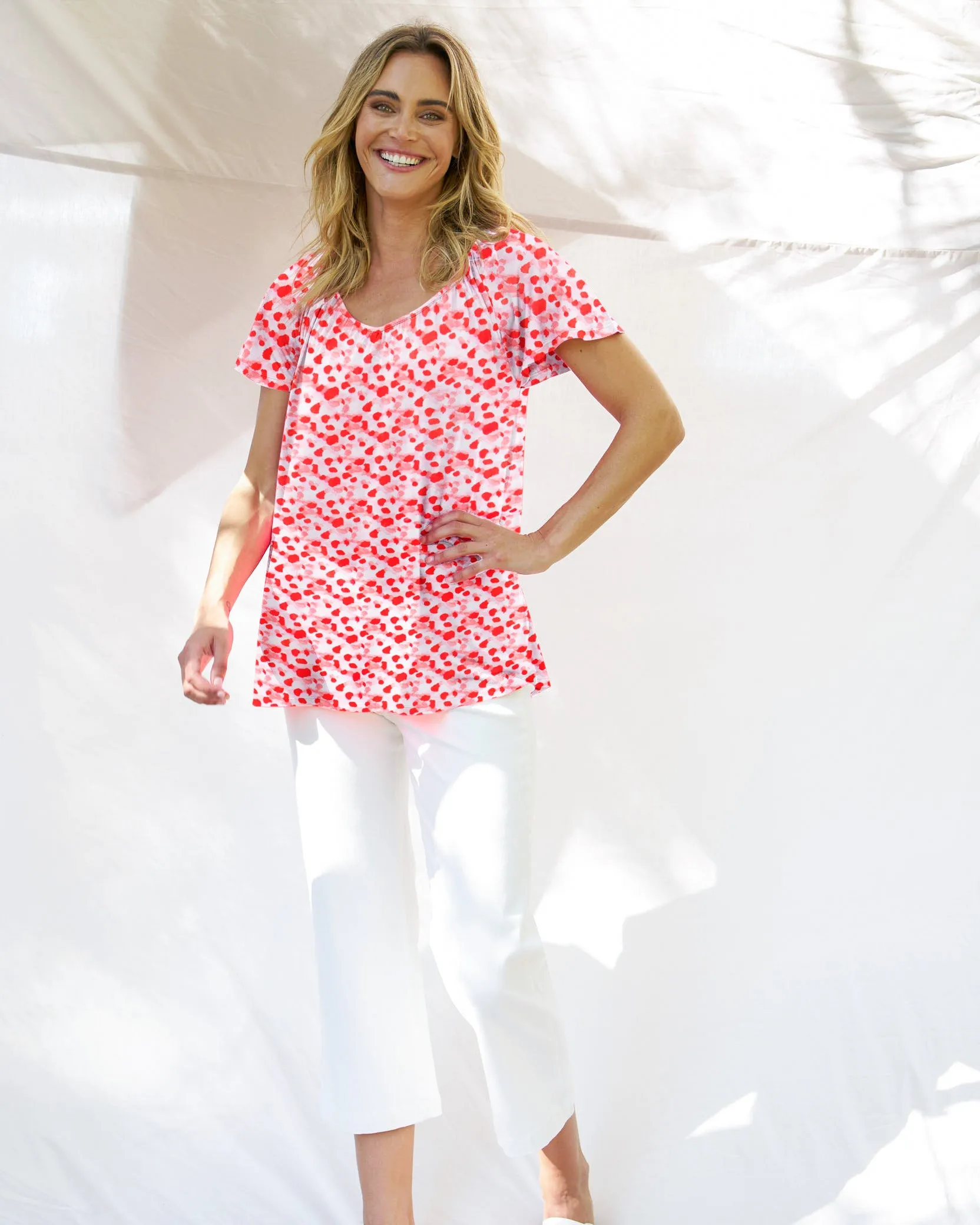 Betty Basics Coral Shirred Tee Blossom Print sold by Shine On