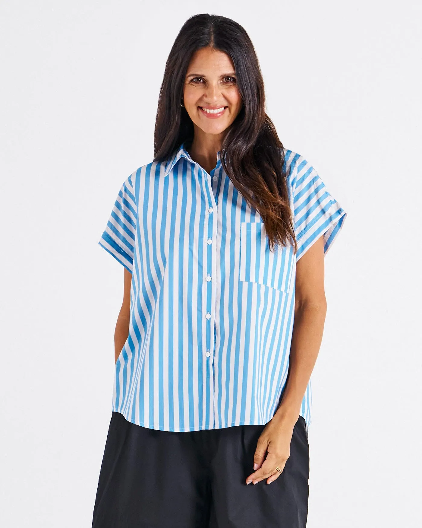 Betty Basics Mara Short Sleeve Shirt Blue Stripe sold by Shine On product image thumbnail 2