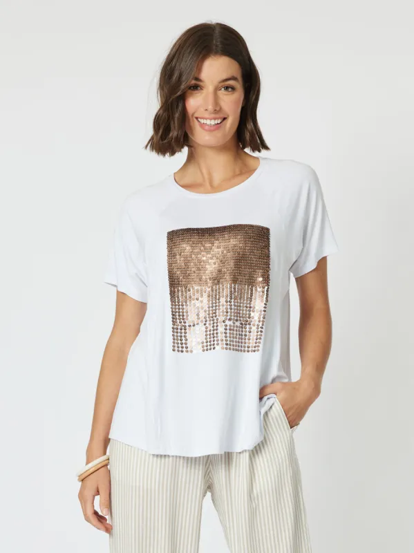 Clarity Sequin Patch Tee White/Bronze sold by Shine On