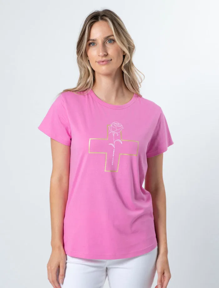 Stella + Gemma T-Shirt Bubblegum White Rose Gold Cross sold by Shine On