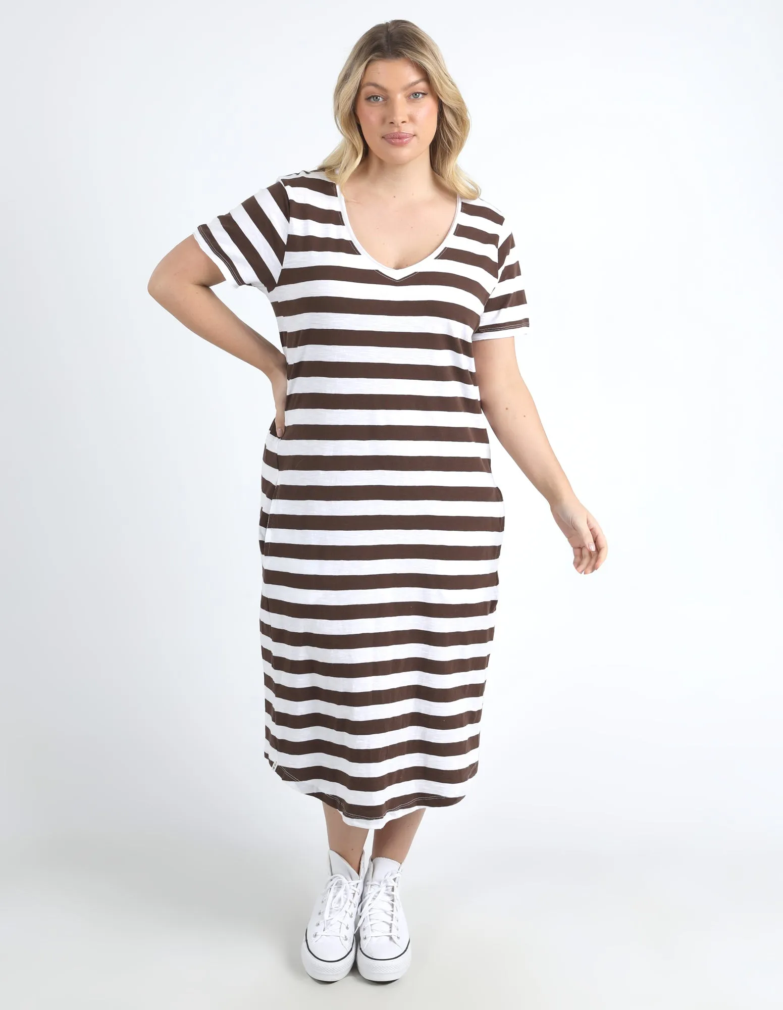 Elm Maeve Midi Dress Stripe Chocolate/White Stripe sold by Shine On
