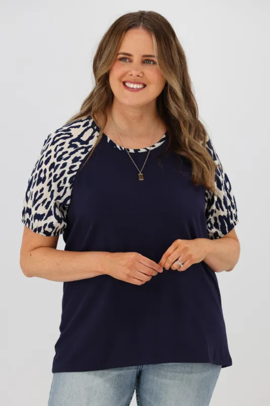 Shine On Label Sariah Animal print Puff Sleeve Top Midnight sold by Shine On