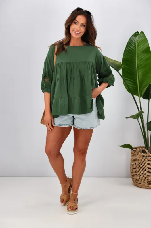 Natural Bay Amelia tiered Top Green sold by Shine On
