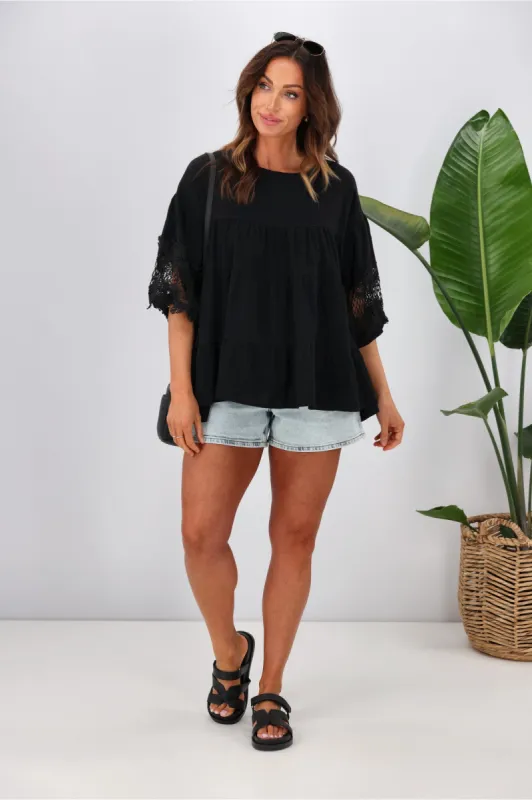 Natural Bay Amelia tiered Top Black sold by Shine On
