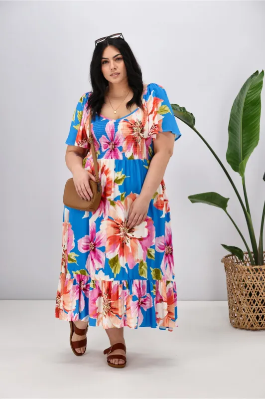 Boho Australia Ela Shirred Dress Blue Floral sold by Shine On